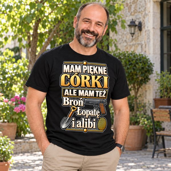 KOSZULKA MĘSKA MAM PIĘKNE CÓRKI BROŃ ŁOPATĘ I ALIBI DLA TATY